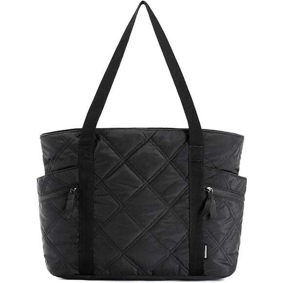 Black Quilted Nylon Laptop Tote – Lightweight Everyday Shoulder Bag Zip Pockets - Picture 1 of 5